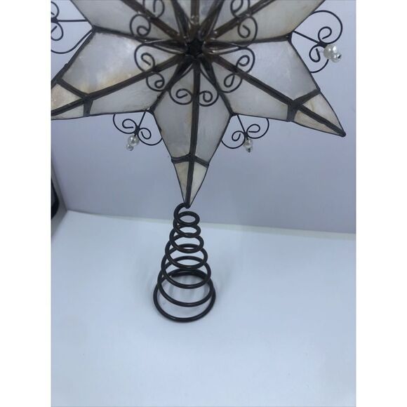 Capiz Shell Star Bronze Metal Filigree Hearts & Pearls Tree Topper 10-1/2" - Picture 12 of 14